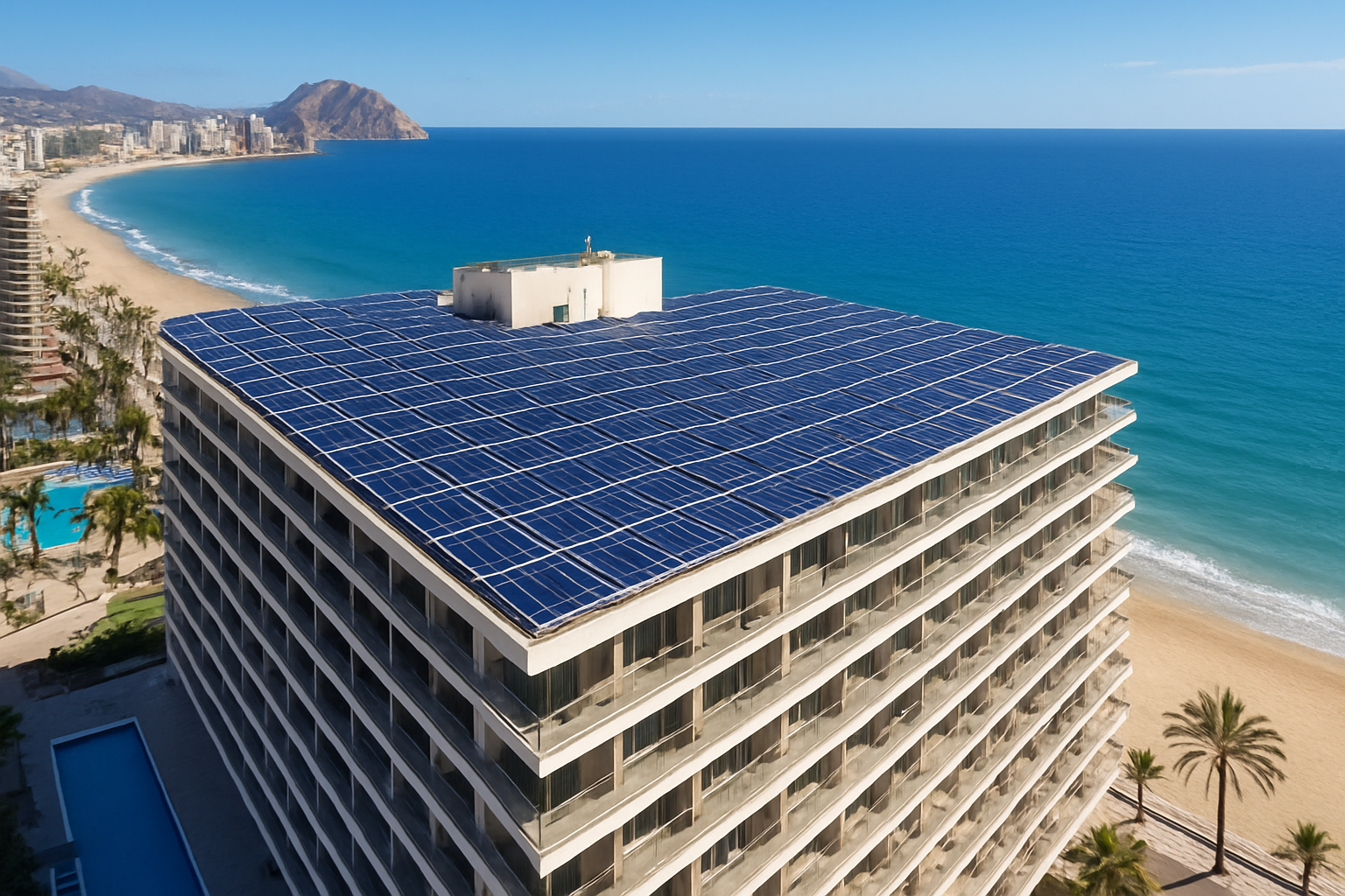 Hotel en Benidorm con paneles solares en la azotea para reducir la factura eléctrica