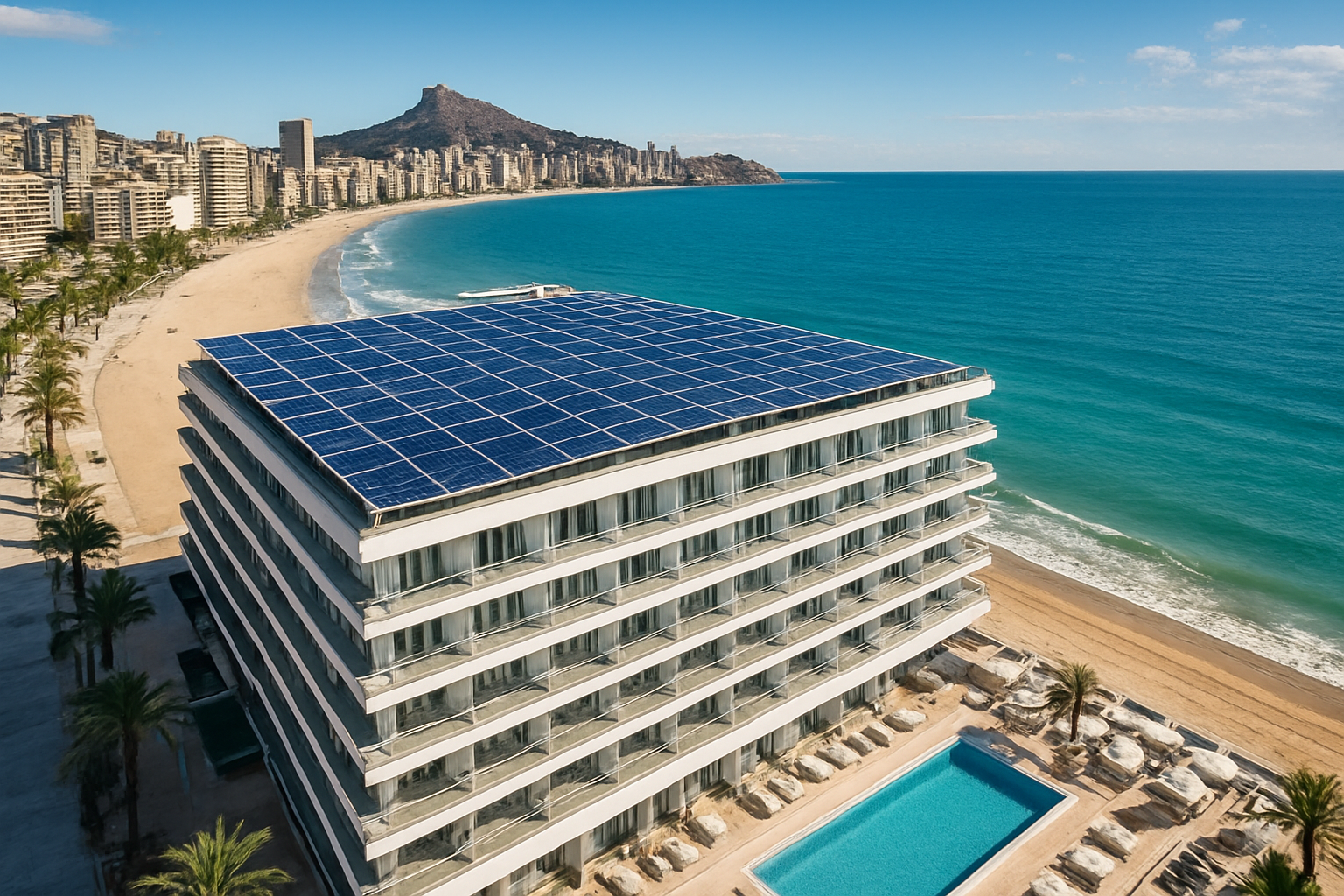Auditoría energética en hotel de Benidorm con vista aérea y paneles solares en la azotea