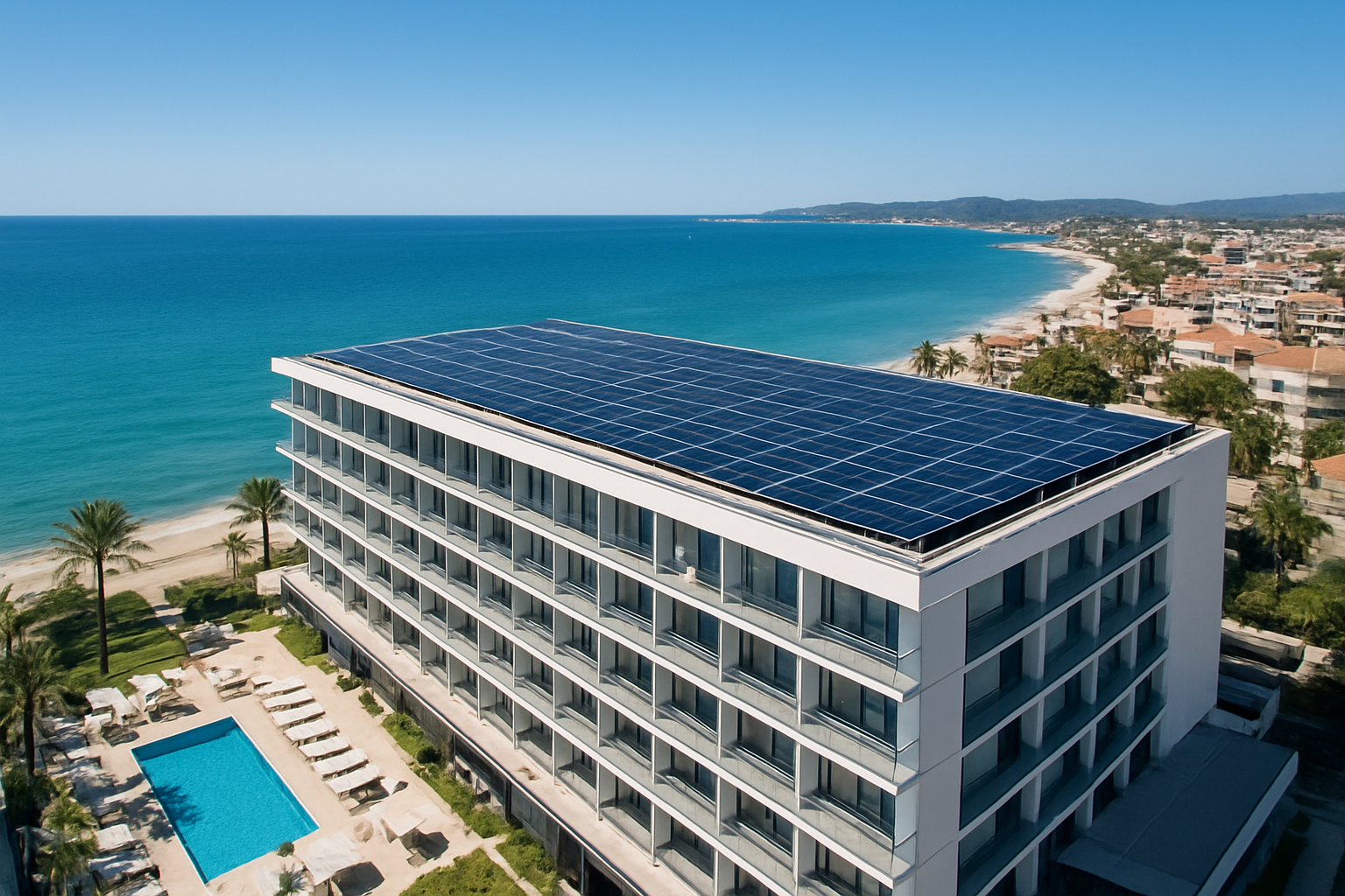 Plan de mantenimiento energético en hotel de costa con paneles solares en cubierta