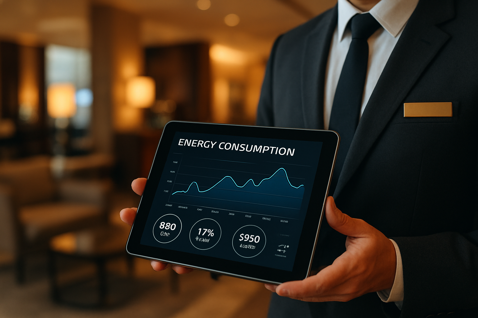 Control de consumo eléctrico en hotel Gestor hotelero revisando el consumo eléctrico del hotel en una tablet