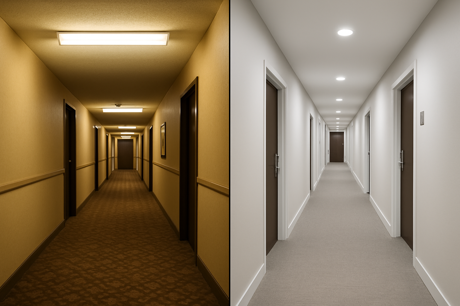 Iluminación LED eficiente en hoteles Comparativa de iluminación LED y convencional en pasillo de hotel para ahorro energético