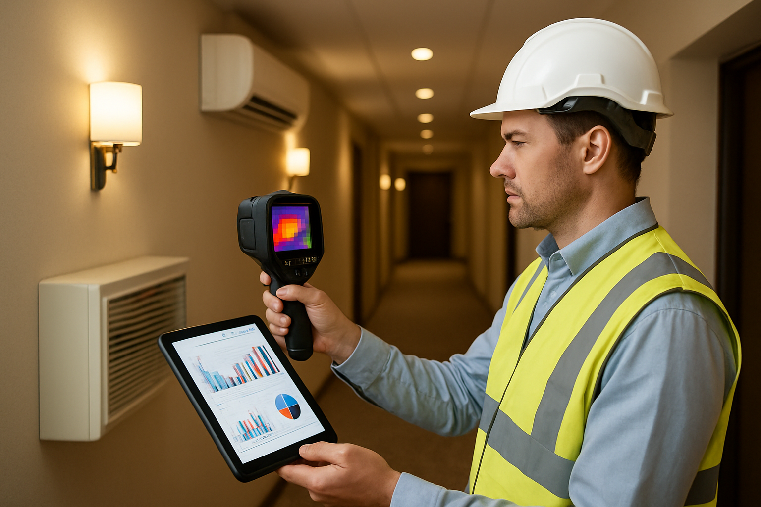 Técnico realizando diagnóstico energético en pasillo de hotel con cámara termográfica