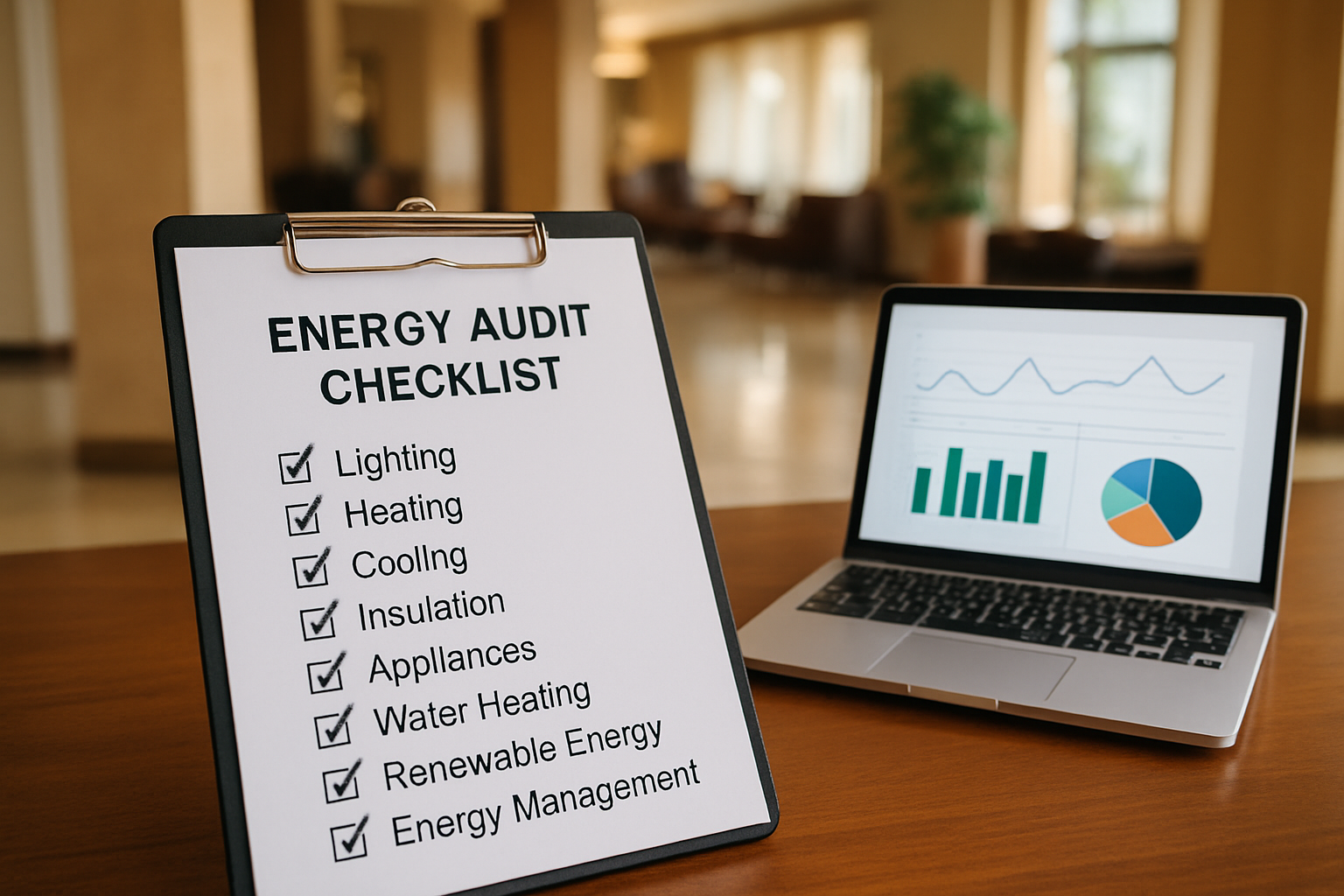 Checklist de auditoría energética hotelera con gráficos de consumo eléctrico