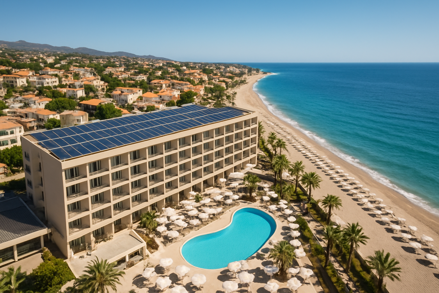 Hotel de costa con paneles solares en cubierta para reducción del consumo energético