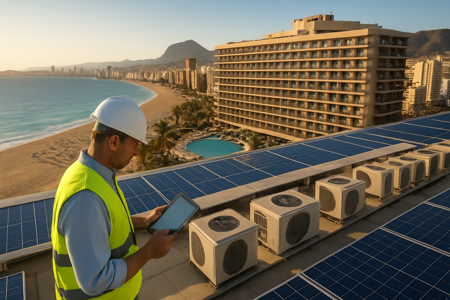 Diagnóstico energético en hotel de la Costa Blanca con técnico revisando consumos
