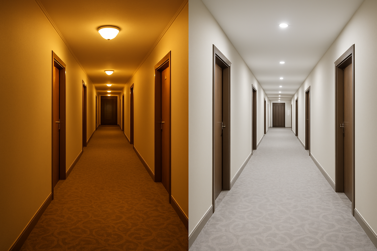 Comparativa de iluminación LED frente a iluminación tradicional en un pasillo de hotel