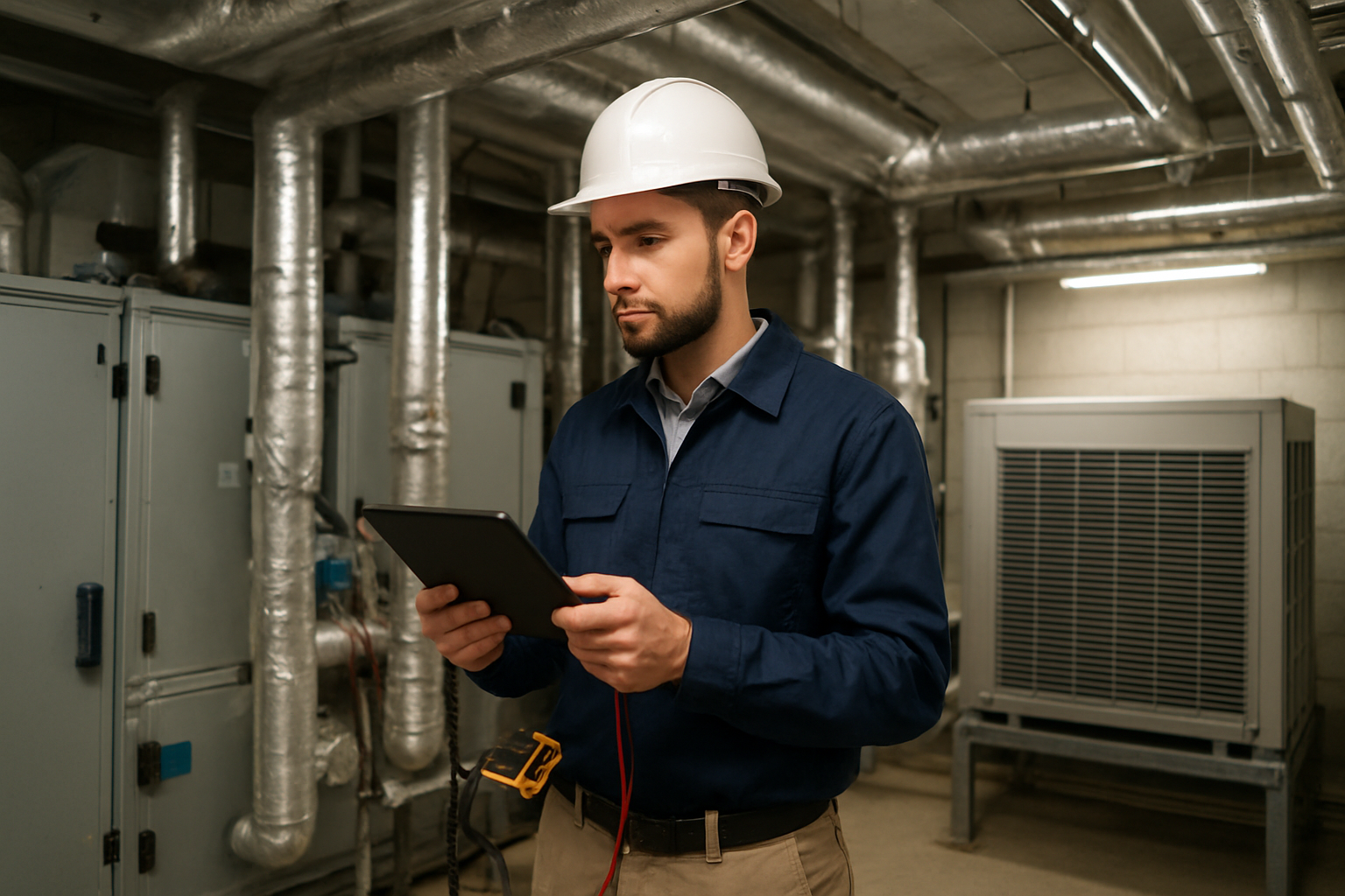 Auditor energético inspeccionando instalaciones de climatización en hotel