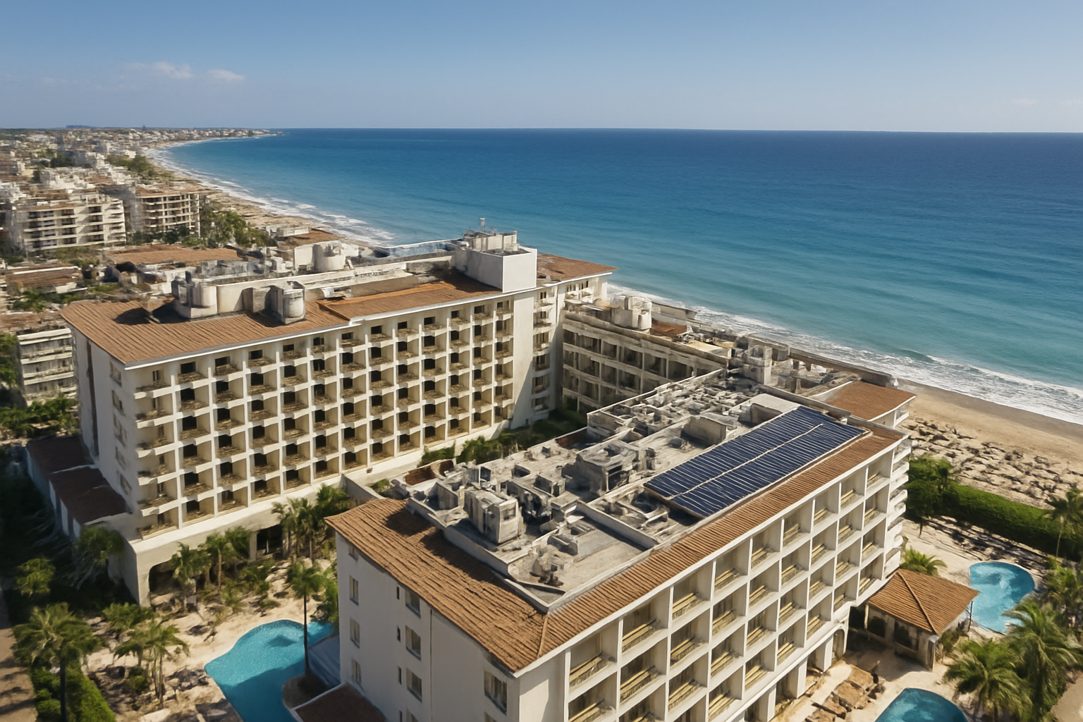 Vista aérea de hotel en primera línea de playa en Benidorm con instalaciones energéticas en cubierta
