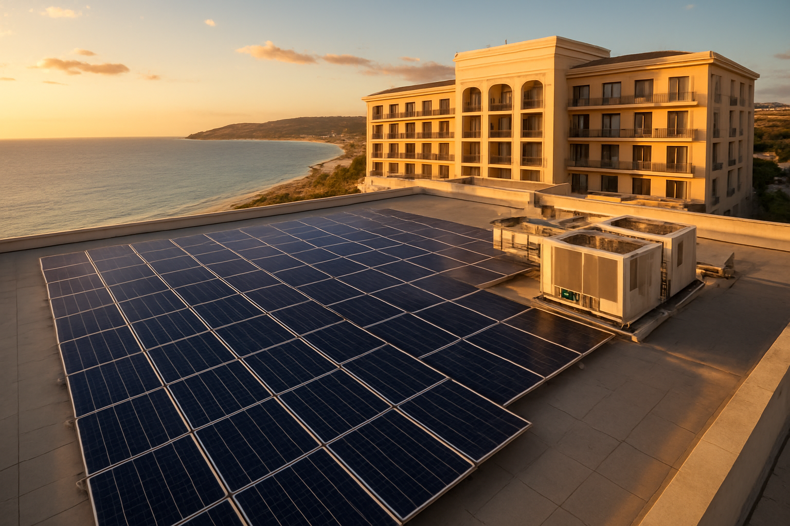 Placas solares en tejado de hotel para cubrir el consumo de climatización