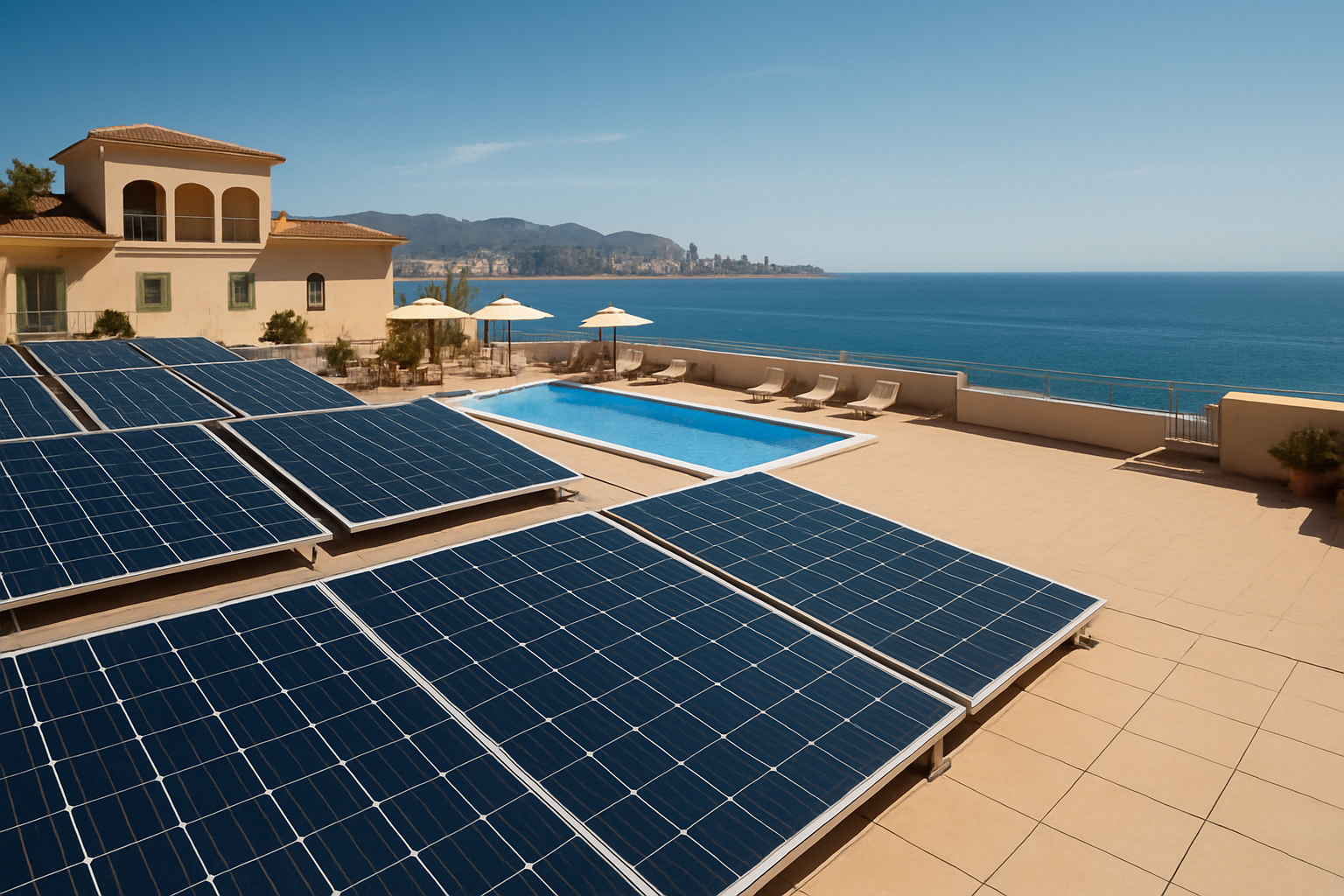 Solar fotovoltaica en hotel de Benidorm Paneles solares fotovoltaicos en cubierta de hotel con vistas a la costa de Benidorm